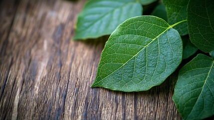 Poster - Green Tree Leaves on Wooden Table : Generative AI