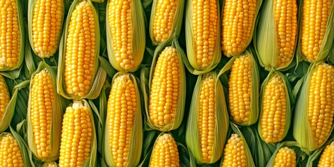 Wall Mural - Fresh corn on the cob displayed in vibrant yellow. This image highlights the beauty of harvested maize. A perfect fit for agricultural, food, and cooking themes. AI