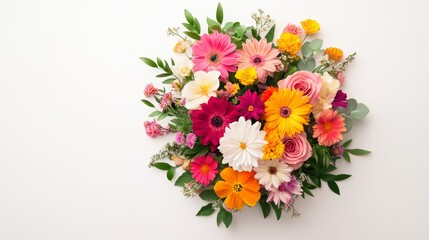 Top-down view of a circular bouquet of assorted spring flowers on a solid white background, vibrant mix, ideal for festive designs, single object