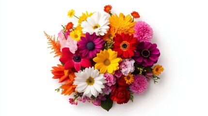 Top-down view of a circular bouquet of assorted spring flowers on a solid white background, vibrant mix, ideal for festive designs, single object