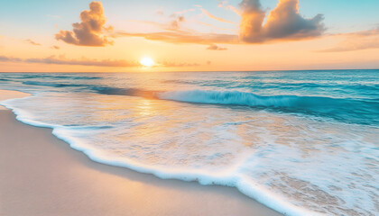 Wall Mural - Crystal-clear turquoise waters with gentle waves lapping at a pristine beach under a golden sunset