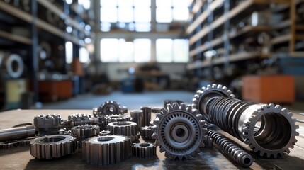 Closeup of engine components on a workshop table, showcasing gears and pistons against an industrial backdrop