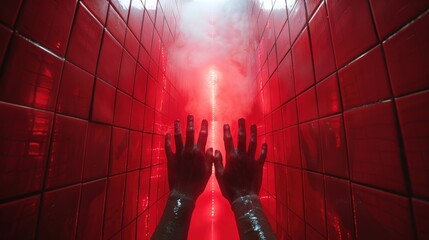 Two hands reaching up towards a red light source with smoke in a tiled hallway.