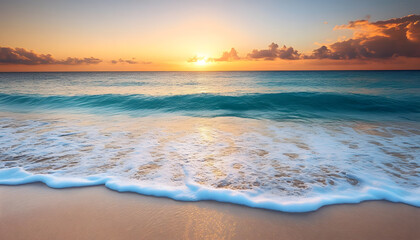 Wall Mural - Crystal-clear turquoise waters with gentle waves lapping at a pristine beach under a golden sunset