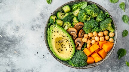 avocado, spinach, broccoli, mushrooms, chickpeas, and pumpkin in a nutritious vegan lunch bowl with a light backdrop. salad of veggies. top view.
