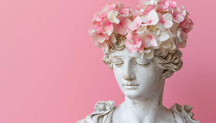 Ancient woman Statue with hydrangea flowers on head