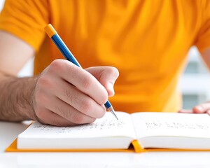 a person writing in a notebook with a pencil, showcasing creativity and focus in a bright, modern wo