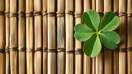 Poster - Fresh Clover Leaf on Chinese Bamboo Mat Top View Closeup : Generative AI