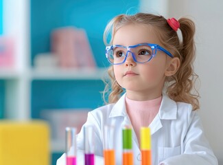 A thoughtful child in a lab coat and glasses, exploring science with colorful test tubes in a bright, cheerful environment.