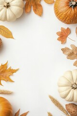 Canvas Print - Autumn Harvest: A Collection of Pumpkins and Colorful Leaves on a Clean White Background, Capturing the Essence of Fall and Seasonal Decor