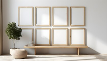 Minimalist mockup of an empty wall showcasing six light wooden frames with a white background illuminated by natural light