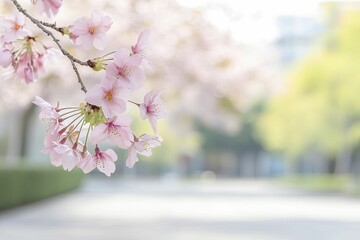 Poster - Serene Springtime Scene: A Majestic Tree Adorned with Delicate Pink Blossoms Against a Clear Blue Sky, Capturing the Beauty of Nature in Full Bloom