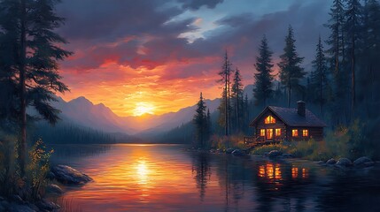 Wall Mural - A wooden cabin with a lit window sits by a lake in a mountain valley at sunset.