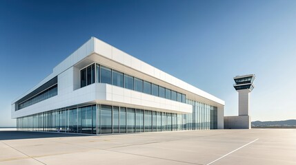 Exterior modern International airport building, with a glass windows, and the control tower.