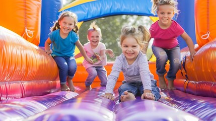 Wall Mural - Joyful children enjoying a sunny summer day on an inflatable bounce house adventure