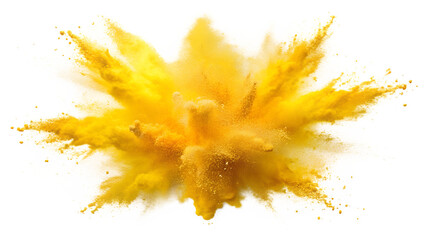 a vibrant explosion of yellow powder creates a dynamic and colorful visual effect, isolated on a tra
