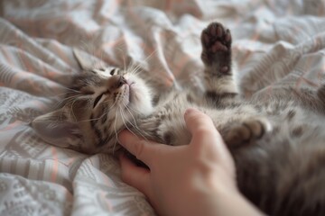 Poster - the kitten is gently stroked by a woman's hand