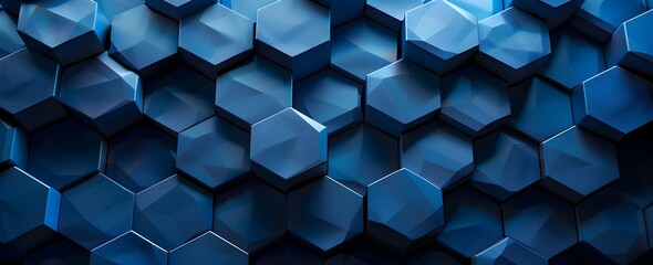 Poster - Blue abstract background with a hexagonal pattern, a 3D rendering illustration of a blue abstract geometric wallpaper, in a dark blue hue