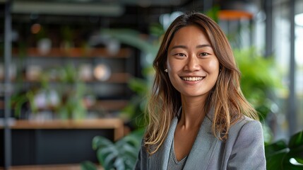 Confident and elegant young korean businesswoman standing proudly in a modern office setting