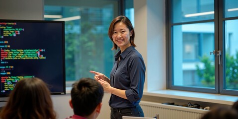 Wall Mural - asian female instructor leading programming class with students using laptops