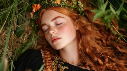 A girl with vibrant red hair adorned with a floral crown lies peacefully in a green field, surrounded by tall grass and blooms, enjoying the warmth of a sunny afternoon