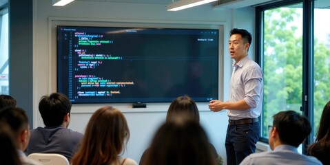 Wall Mural - asian male instructor leading programming class with students using laptops