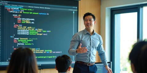 Wall Mural - asian male instructor leading programming class with students using laptops