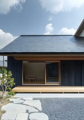 Sticker - Modern Japanese Home with Wooden Deck and Stone Path