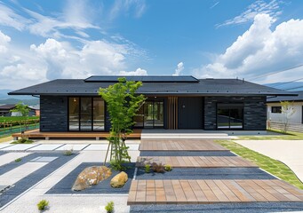 Sticker - Modern Japanese Home With Stone Exterior And Wooden Deck