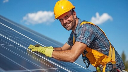 A technician wearing a hard hat and gloves is happily installing solar panels on a rooftop, taking advantage of the sunny weather and clear skies while working high above the ground