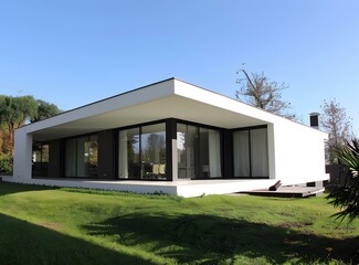 Modern White House with Large Windows and Green Grass