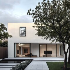 Wall Mural - Modern Minimalist House Exterior Design with Large Windows and Green Trees