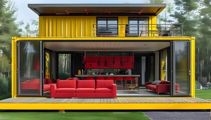 Modern yellow shipping container home featuring an open floor plan with a red sofa set, a stylish bar in the living room, and an inviting balcony above.