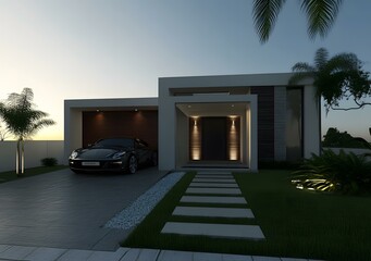 Canvas Print - Modern House Exterior Design With a Black Car in the Garage