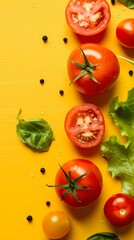 Wall Mural - Fresh Tomatoes with Basil Leaves on Yellow Background