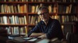 © Thumbs - A man sits with his arms crossed in front of a bookshelf filled with books