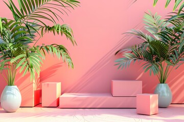 Sticker - Pink Background With Two Palm Trees and Geometric Shapes