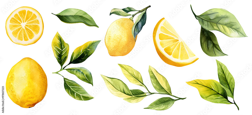 Lemon Adobe File Watercolor lemon, lemon slice and leaf clipart elements Stock Photo ...