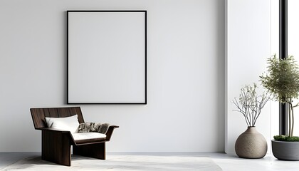 Wall Mural - Minimalist interior with a close-up of a white wall displaying a sleek black wooden frame hanging empty, evoking a sense of simplicity and tranquility.