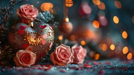 Wall Mural - A heart-shaped ornament with roses and scattered petals against a blurred background of lights.