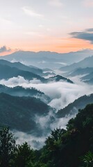 Wall Mural - Misty Mountain Landscape At Sunset