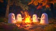 © Thanadech - Playful 3D-rendered ghosts with marshmallow sticks gathered around a warm campfire in a vibrant forest setting