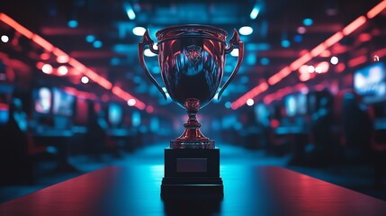 A silver trophy stands on a table with blue and red lights in the background.