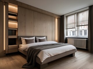 Wall Mural - Modern Bedroom with Wooden Wall and Minimalist Decor