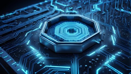 A futuristic, blue glowing octagon sits on a circuit board, symbolizing the future of technology.