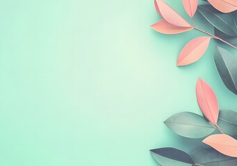 Poster - Green and Pink Leaves on Mint Background