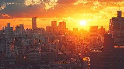 Wall Mural - A stunning urban sunset featuring silhouetted skyscrapers against a vibrant orange sky, perfect for cityscape photography.