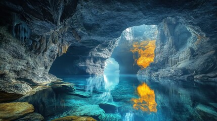 Explorer venturing into an underwater cave system vast chambers filled with crystal-clear water and intricate rock formations shimmering light reflecting off the water surface