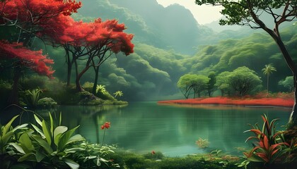 Serene landscape of a lush forest surrounding a tranquil green lake and vibrant mangrove leaves