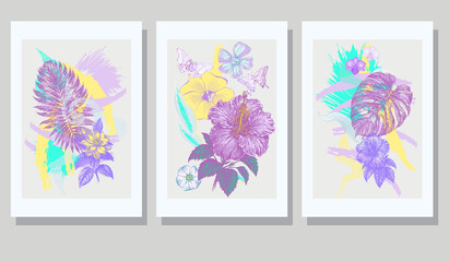 Set of summer illustration for invitation cards, banners, posters or covers. Abstract leaves and flowers.